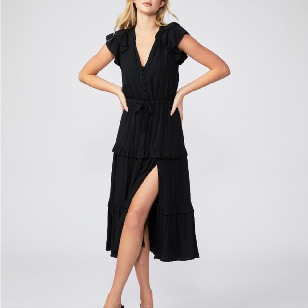 Paige Rozlyn Ruffle Sleeve Tiered Black Textured V-Neck MIDI Dress Large
